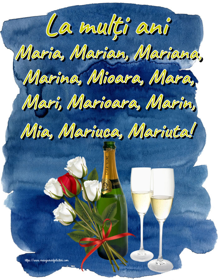La mulți ani Maria, Marian, Mariana, Marina, Mioara, Mara, Mari, Marioara, Marin, Mia, Mariuca, Mariuta! ~ 4 trandafiri albi și unul roșu - Felicitari onomastice de Sfanta Maria Mica cu sampanie