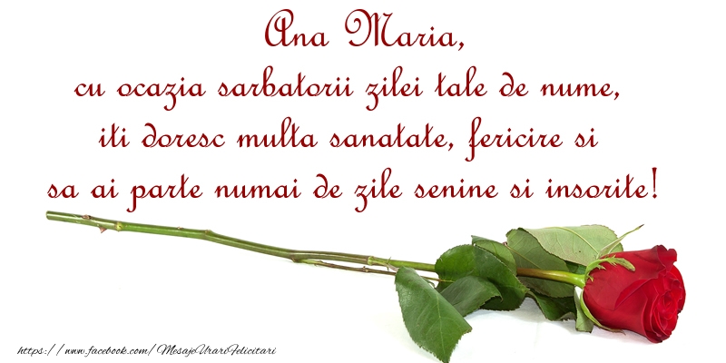 Ana Maria, cu ocazia sarbatorii zilei tale de nume, iti doresc multa sanatate, fericire si sa ai parte numai de zile senine si insorite! - Felicitari onomastice cu trandafiri