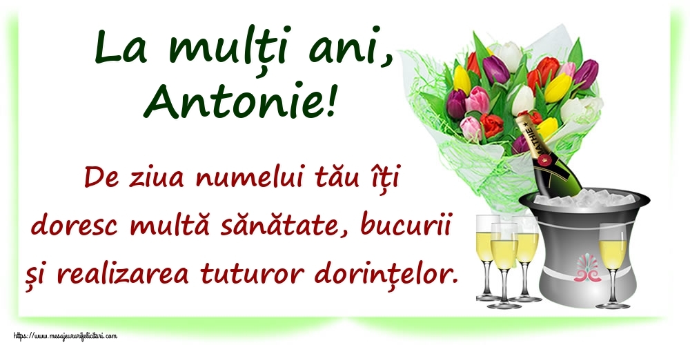 La mulți ani, Antonie! De ziua numelui tău îți doresc multă sănătate, bucurii și realizarea tuturor dorințelor. - Felicitari onomastice cu sampanie