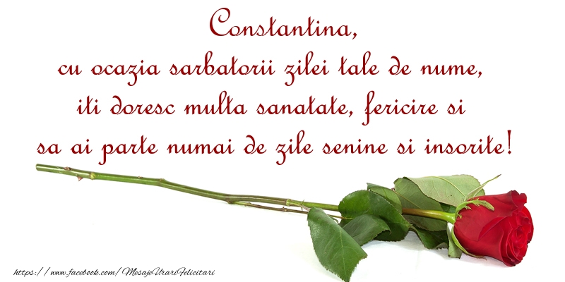 Constantina, cu ocazia sarbatorii zilei tale de nume, iti doresc multa sanatate, fericire si sa ai parte numai de zile senine si insorite! - Felicitari onomastice cu trandafiri