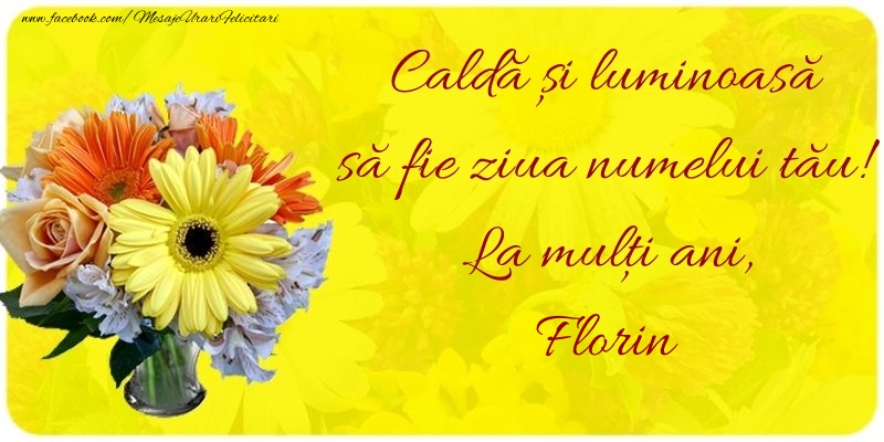 Caldă și luminoasă să fie ziua numelui tău! La mulți ani, Florin - Felicitari onomastice cu buchete de flori