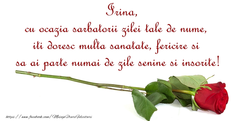 Irina, cu ocazia sarbatorii zilei tale de nume, iti doresc multa sanatate, fericire si sa ai parte numai de zile senine si insorite! - Felicitari onomastice cu trandafiri